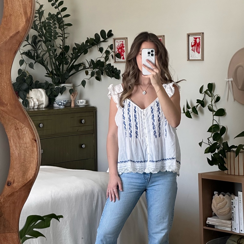 White and Blue Embroidered Women's Top